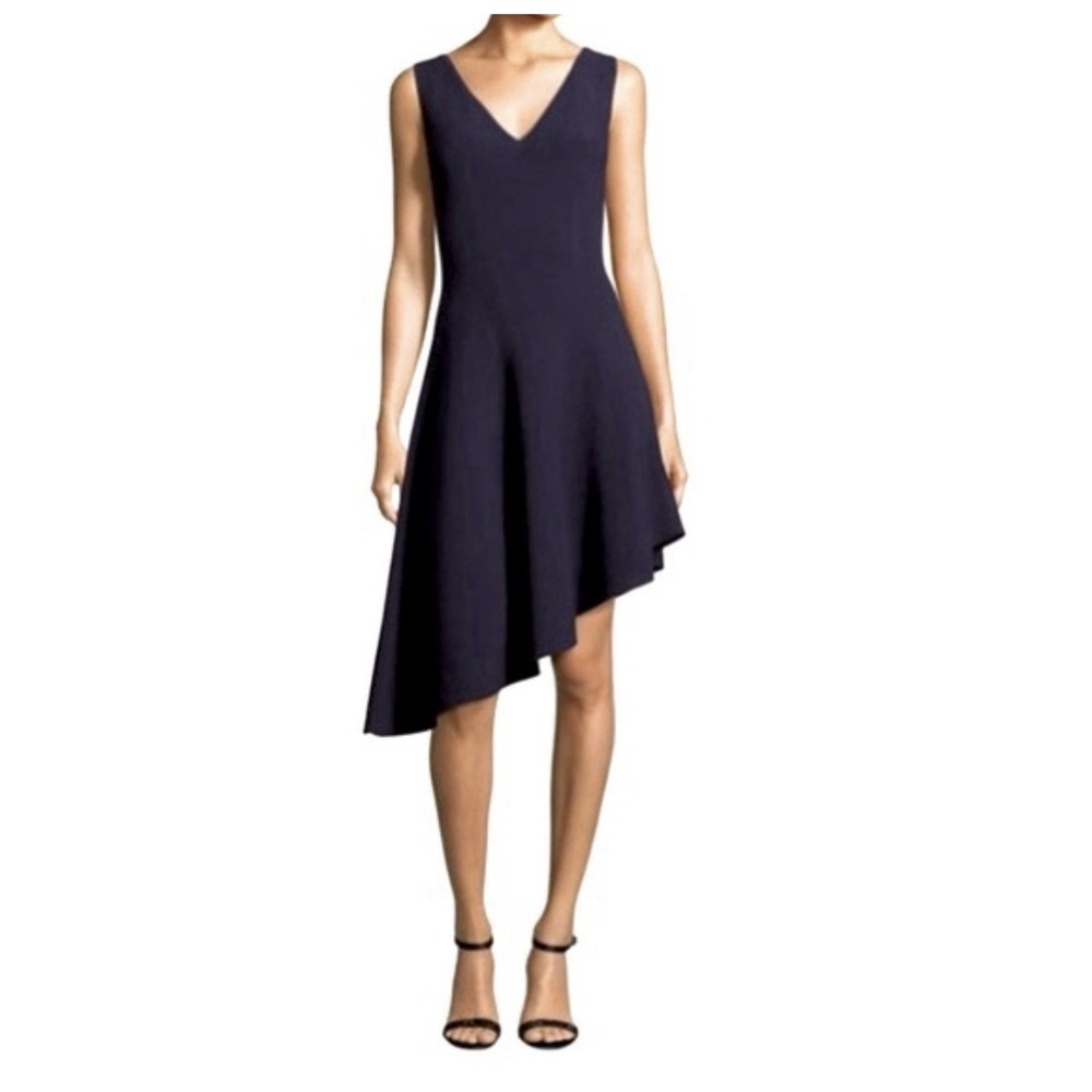 Milly Asymmetrical Navy V-Neck Dress S Stretch Fit Flare Formal Wedding Derby